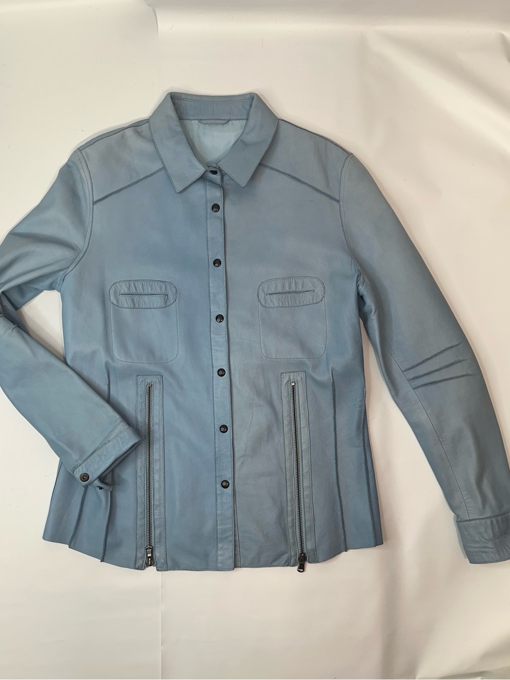 Rizal Womens Light Blue Soft Leather Button-Front Jacket